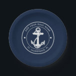 いかりカスタムボートナミーブルー航海の名 ペーパープレート<br><div class="desc">あなたのボート名と波止場をクリックの"パーソナライズ"ボタンで追加する。我々のスタイルをテーマにしたカスタムボート航海のスワッグで帆を張る。紙プレートは海インスパイアのキュートなデザインを誇り疑問に思、いかりやロープなどクラシックの海洋のモチーフを取り入れた。あなたはの海岸沿いのクルージングや海底探検に乗り出す航海のか、私たちの絶縁タンブラーは機能としゃれている、それが任意のボート愛好家のための必需品を持っている完璧なブレンドである。</div>