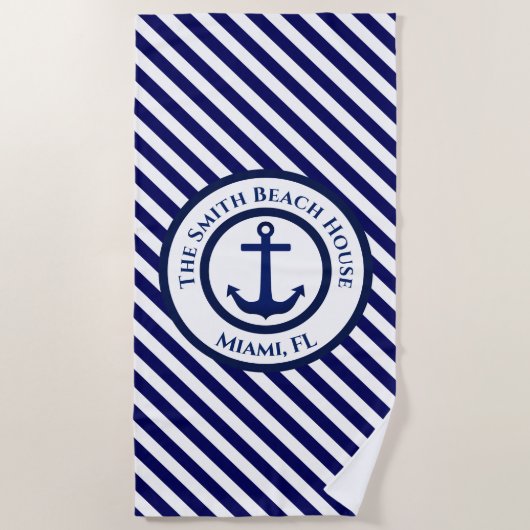 いかりスタンプと対角線のストライプカスタム ビーチタオル (正面)