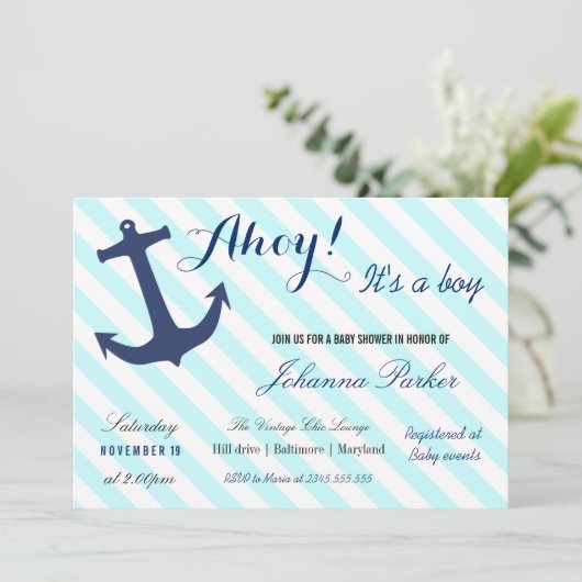 いかりストライプが男の子のベビーシャワー 招待状 (スタンド正面)