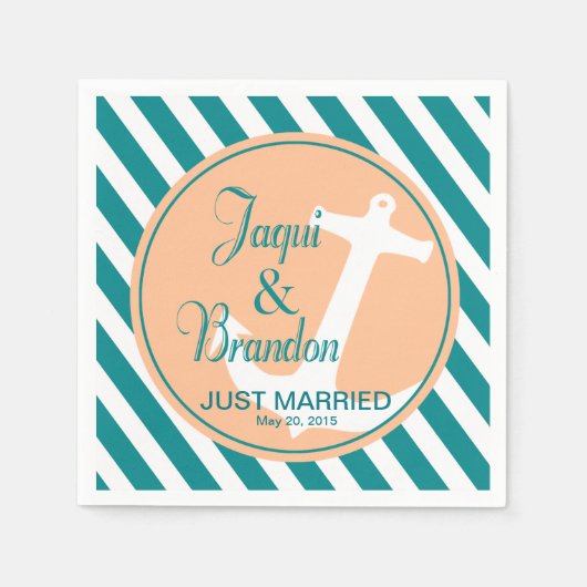 いかりストライプ航海の | ティール(緑がかった色)桃 スタンダードカクテルナプキン (正面)