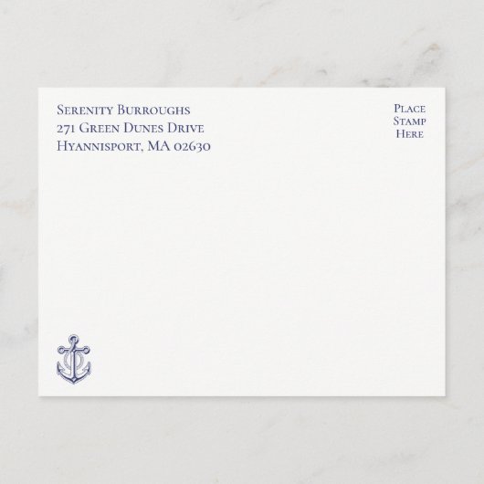 いかりセーラーネイビーブルー航海のブライダルシャワー インビテーションポストカード (裏面)