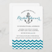 いかりティール（緑がかった色）ブルーシェブロン航海のブライダルシャワー 招待状 (正面/裏面)