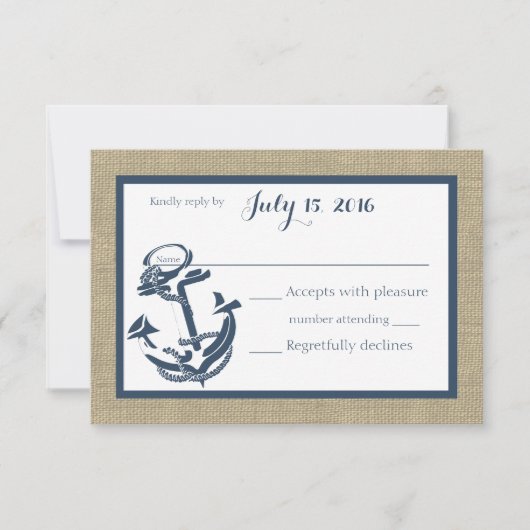 いかりネイビーブルーとBurlap応答カード 出欠カード (正面)