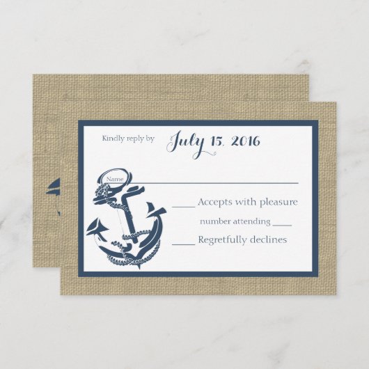 いかりネイビーブルーとBurlap応答カード 出欠カード (正面/裏面)