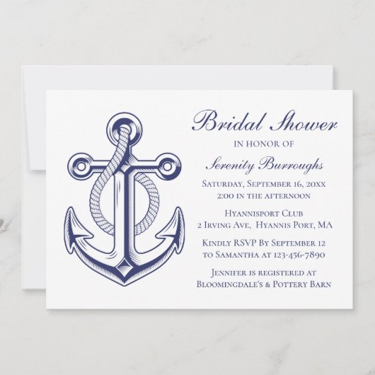 いかりネイビーブルーセーラー航海のブライダルシャワー 招待状 (正面)