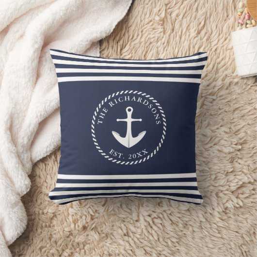 いかりネイビーブルー&ホワイトストライプのコーストスタイル クッション (ブランケット)