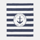 いかりネイビーブルー&ホワイトストライプのファ航海のミリ フリースブランケット (正面)