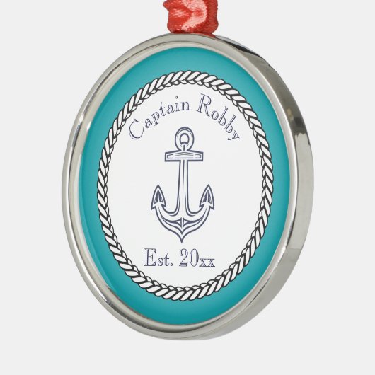 いかりネイビ航海のーティール（緑がかった色）ブルーホワイト メタルオーナメント (左)