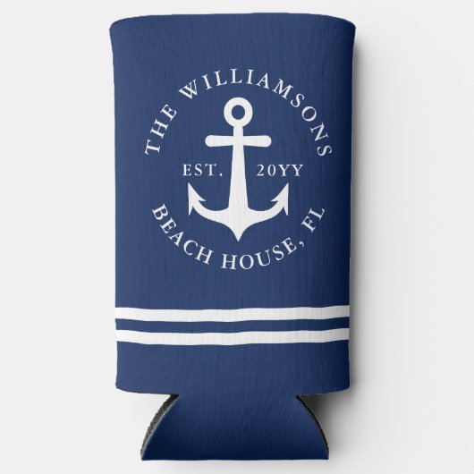 いかりネイビ航海のーブルアンドホワイトビーチハウス スリム缶クーラー (正面)