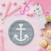 いかりネイビ航海のーブルーアンドホワイトストライプ ペーパープレート (パーティー)