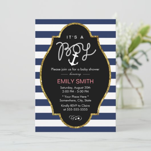 いかりネイビ航海のーブルーストライプボーイベビーシャワー 招待状 (スタンド正面)
