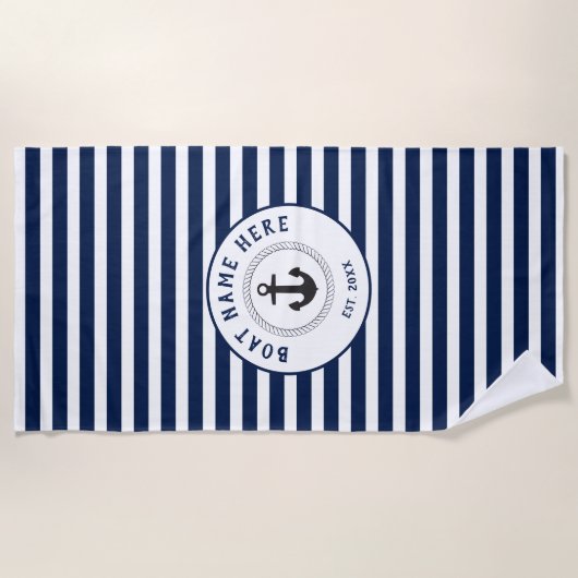 いかりネイビ航海のーブルーストライプボート名 ビーチタオル (正面)