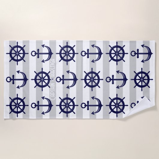 いかりパーソナライズされた及びボートヘルムホイール航海の ビーチタオル (正面)
