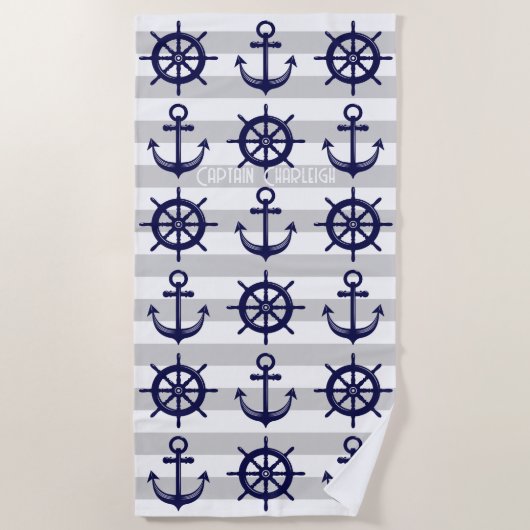 いかりパーソナライズされた及びボートヘルムホイール航海の ビーチタオル (正面)