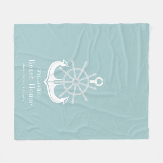 いかりビーチハウスファミリーネームティール(緑がかった色) フリースブランケット (正面(横))