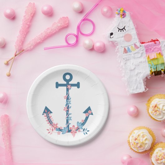 いかりピンクブルーフローラ航海のブライダルシャワー  ペーパープレート (パーティー)