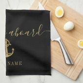 いかりボート名ブラック&金ゴールドウェルカムクアボード キッチンタオル (四つ折り)