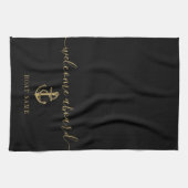 いかりボート名ブラック&金ゴールドウェルカムクアボード キッチンタオル (横)