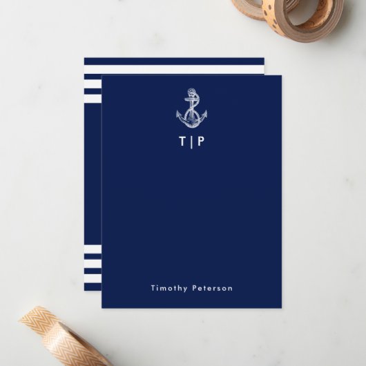 いかりモノグラム&ネームネイビーブルー&ホワイトストライプズ ノートカード (正面/裏面インサイチュ)
