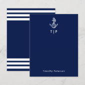 いかりモノグラム&ネームネイビーブルー&ホワイトストライプズ ノートカード (正面/裏面)