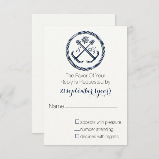 いかりモノグラ航海のム、ウェディングsvp 3.5 x 5 出欠カード (正面/裏面)