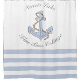 いかりレイクバケーションビーチハウスネームブルーストライプズ シャワーカーテン