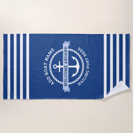 いかりロ縁どープボート名の歓迎 ビーチタオル (正面)