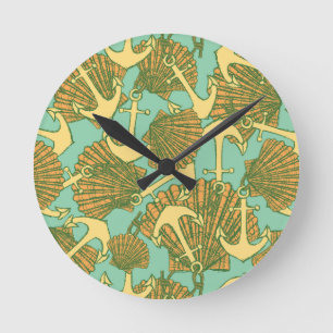 いかり及びヴィンテージスタイル模様の貝殻 ラウンド壁時計