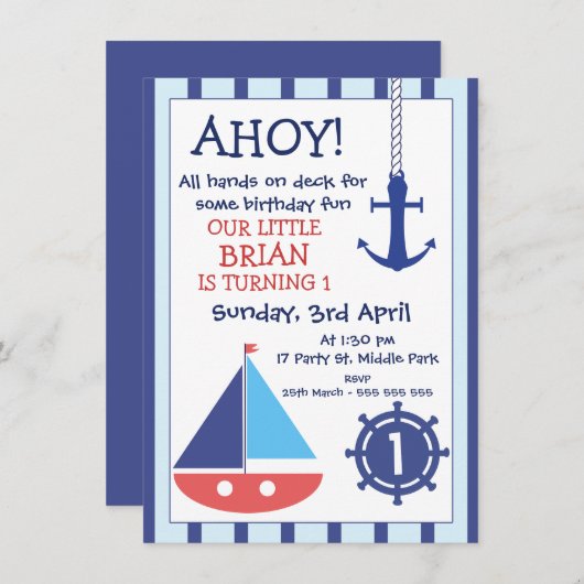 いかり及び帆船航海の誕生日招待状 招待状 (正面/裏面)
