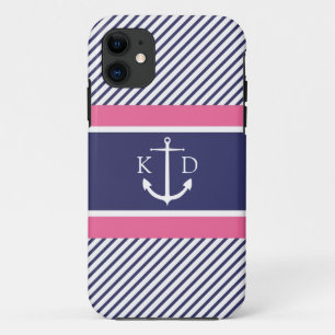 いかり及び航海のでストライプな及びモノグラム海軍&Pink iPhone 11 ケース