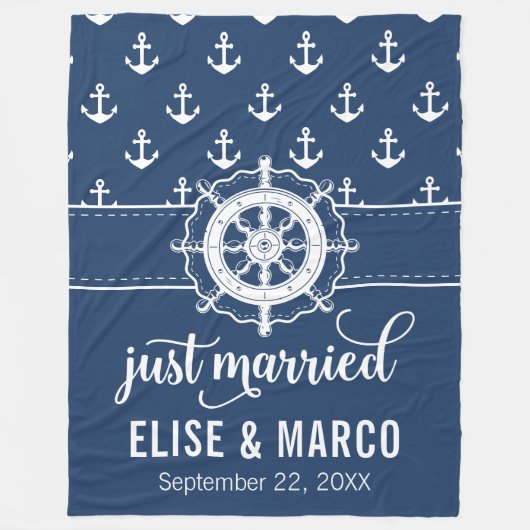 いかり及び船舶用車輪たった今結婚しました フリースブランケット (正面)