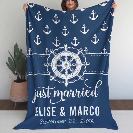 いかり及び船舶用車輪たった今結婚しました フリースブランケット