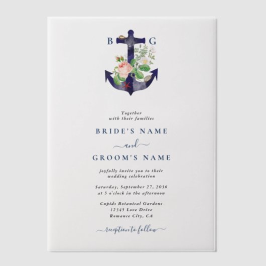 いかり植物性フローラ航海のサマー結婚ズ ベラム紙招待状 (正面)
