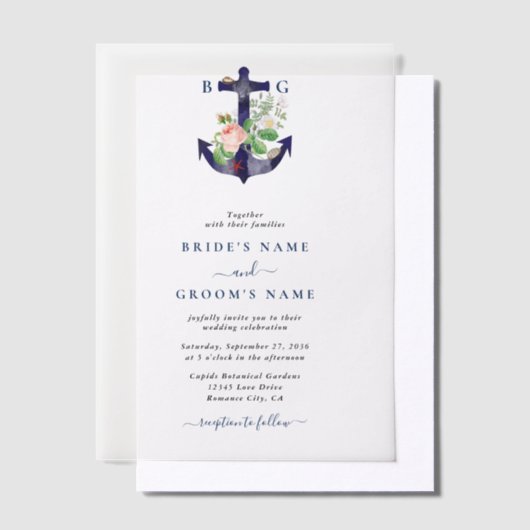 いかり植物性フローラ航海のサマー結婚ズ ベラム紙招待状 (オフセット)