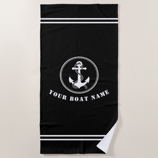 いかり航海のとロープと船名黒付き ビーチタオル (正面)