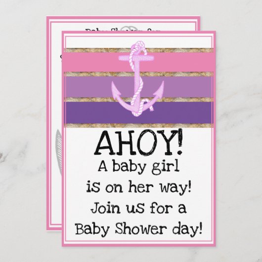 いかり航海のとロープガール赤ちゃんシャワー(ピンク) 招待状 (正面/裏面)