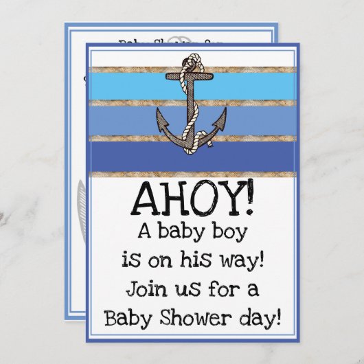 いかり航海のとロープボーイベビーシャワー（青） 招待状 (正面/裏面)