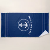 いかり航海のとロープ付きボート名ネイビーブルー ビーチタオル (正面)