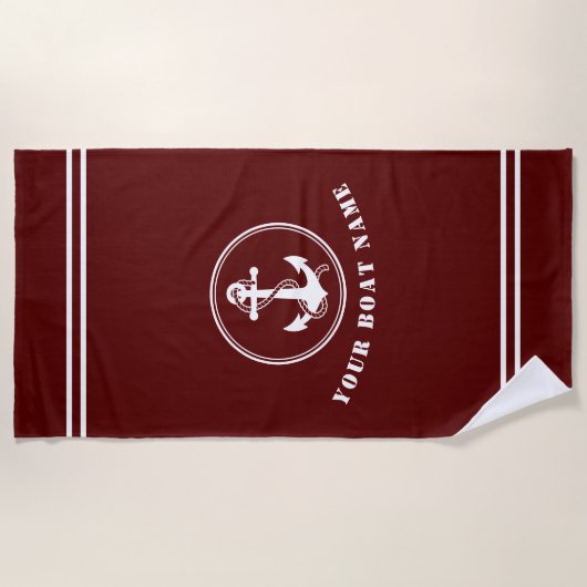 いかり航海のとロープ付き船名付き深い赤 ビーチタオル (正面)