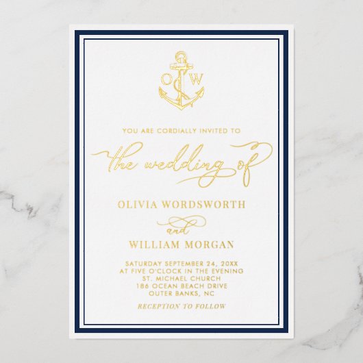 いかり航海のゴールドフォイルモノグラム結婚ズ 箔招待状 (正面)