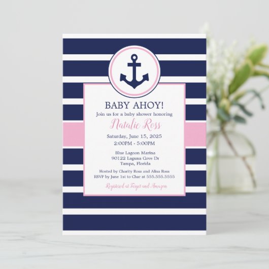 いかり航海のサマーアホイ！女の子の赤ちゃんシャワー 招待状 (スタンド正面)