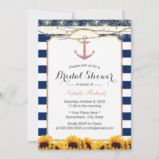 いかり航海のサンフラワーネイビーブルーブライダルシャワー 招待状 (正面)