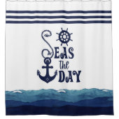 いかり航海のシーズザデイ水色ネイビーホワイト シャワーカーテン (正面)