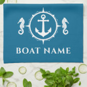 いかり航海のシーホースあなたのボート名アクアブルー キッチンタオル (折り畳み)