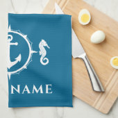 いかり航海のシーホースあなたのボート名アクアブルー キッチンタオル (四つ折り)