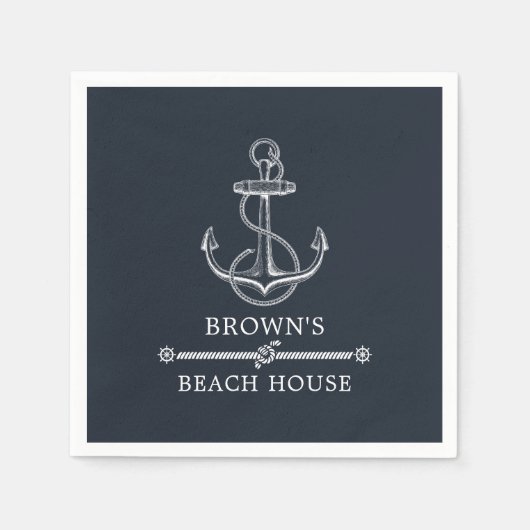 いかり航海のビーチまたはレイクハウスファミリー名 スタンダードカクテルナプキン (正面)