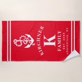 いかり航海のビーチハウスファミリーネームレッド ビーチタオル (正面)