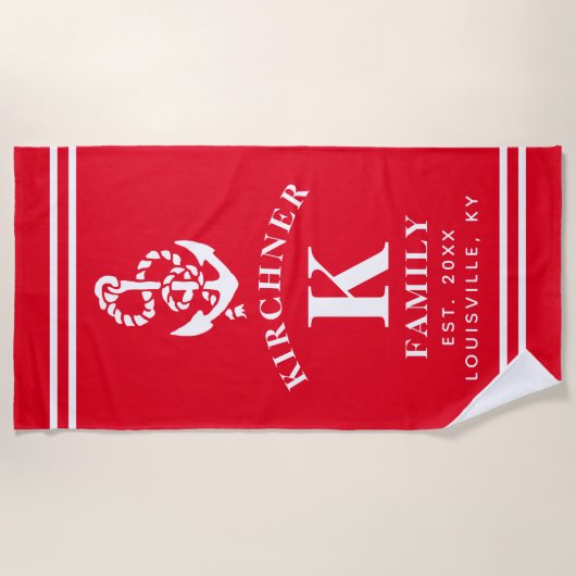 いかり航海のビーチハウスファミリーネームレッド ビーチタオル (正面)