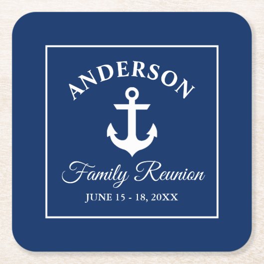 いかり航海のファミリー懇親会ネイビーブルーホワイト スクエアペーパーコースター (正面)