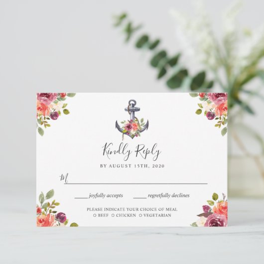 いかり航海のフローラネイビーブルーストライプRSVP 出欠カード (スタンド正面)